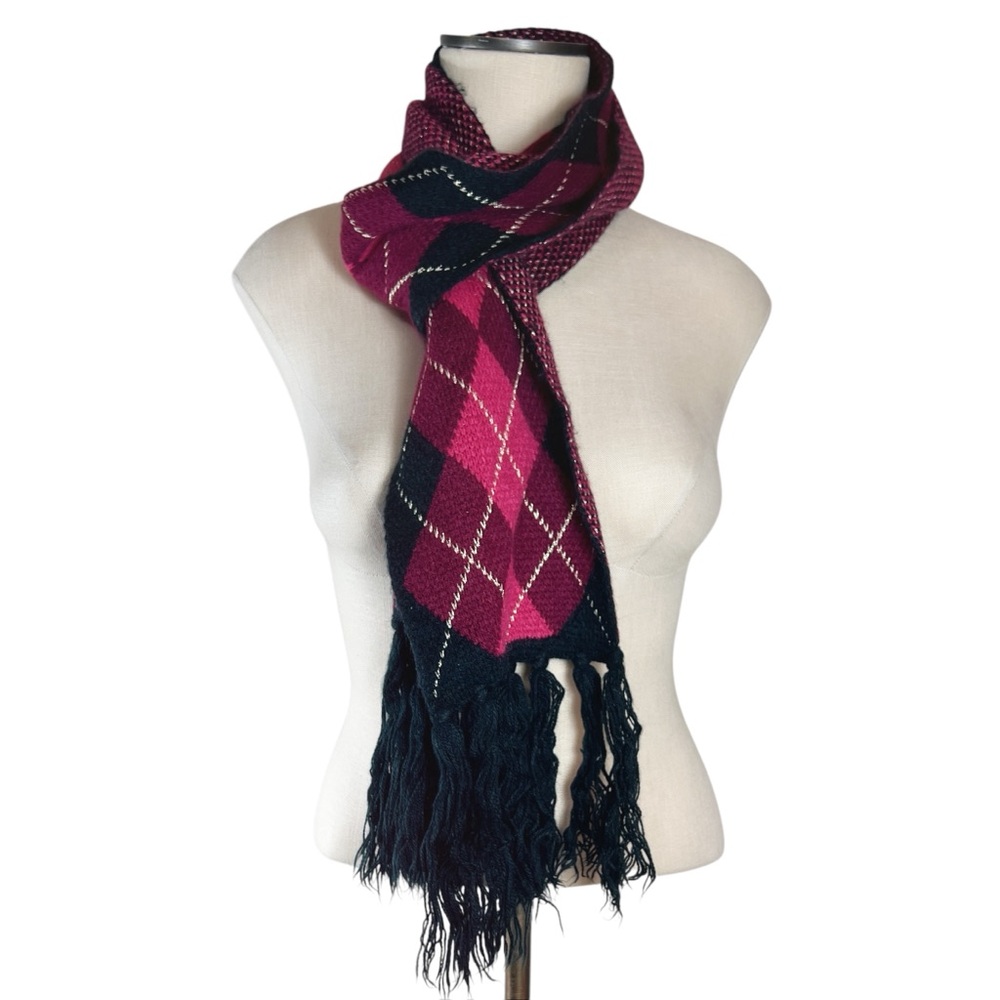 Reversible Argyle Knit Scarf with Tassel Fringe Heritage Print Dark Academia - Picture 1 of 4